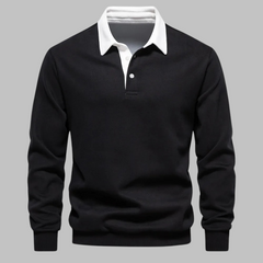 Men's Long-Sleeve Polo Shirt | Contrast Collar Button Closure