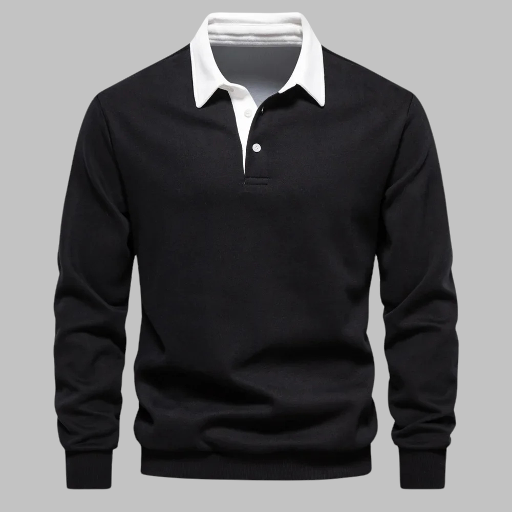 Men's Long-Sleeve Polo Shirt | Contrast Collar Button Closure