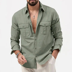 Men's Button Up Shirt | Collared Long Sleeve Chest Pockets