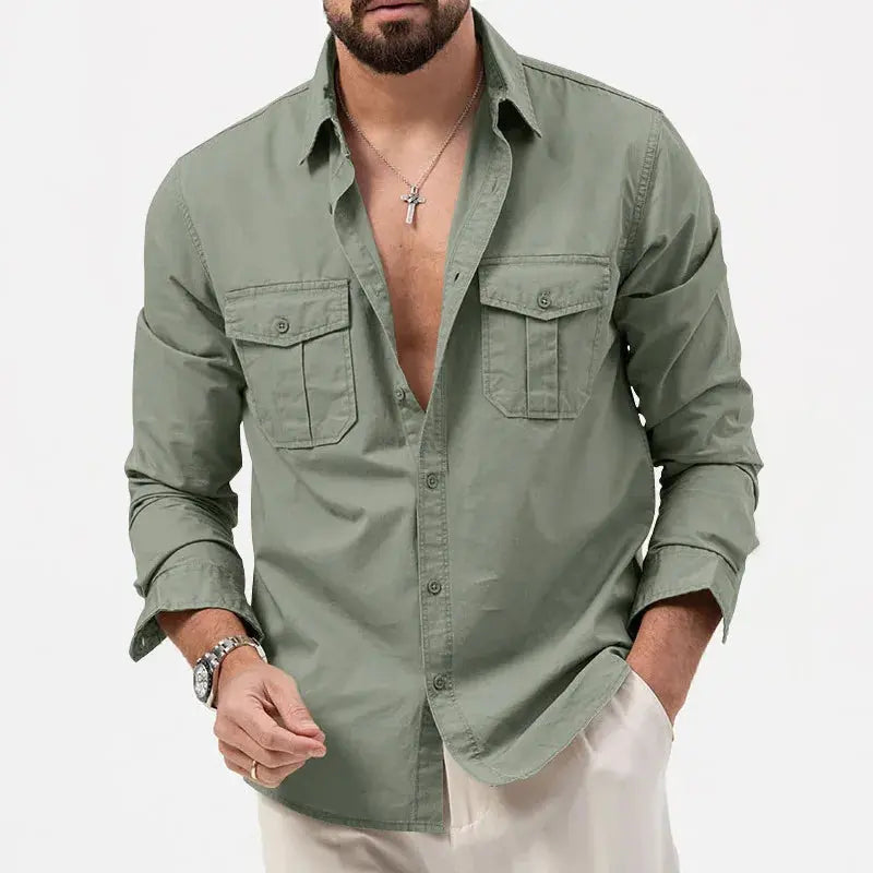 Men's Button Up Shirt | Collared Long Sleeve Chest Pockets
