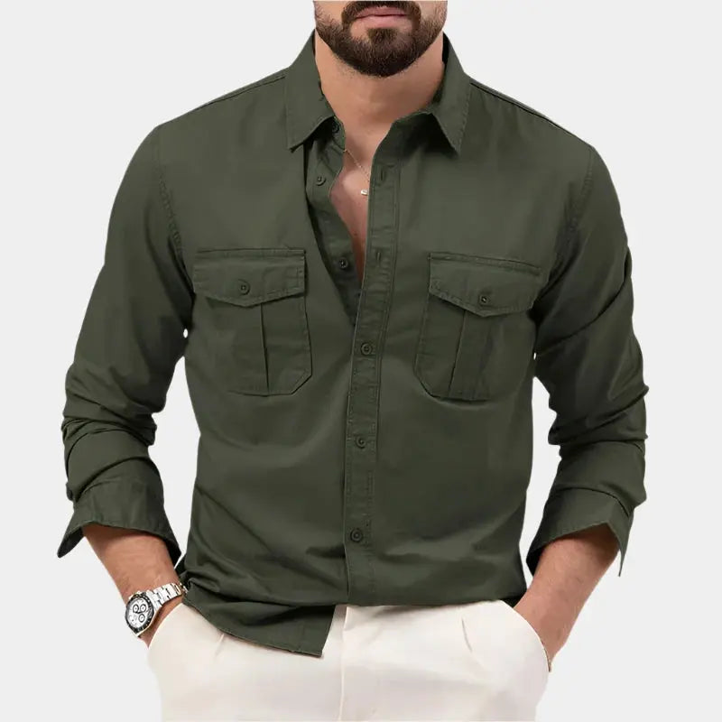Men's Button Up Shirt | Collared Long Sleeve Chest Pockets