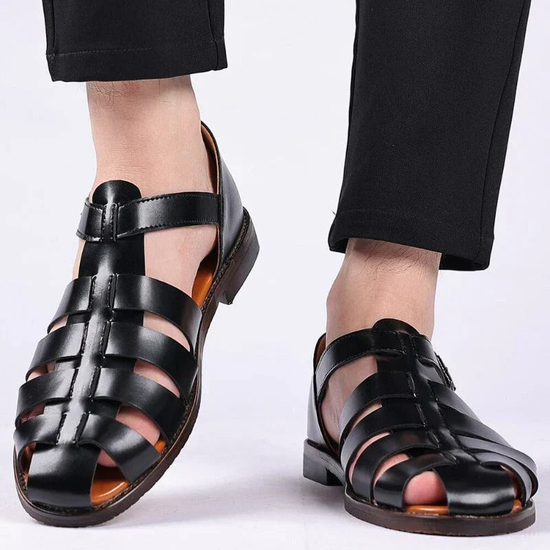Men's Leather Sandals | Strapped Open Toe Buckle Closure