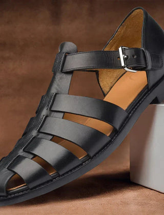 Men's Leather Sandals | Strapped Open Toe Buckle Closure