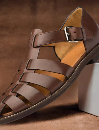 Men's Leather Sandals | Strapped Open Toe Buckle Closure