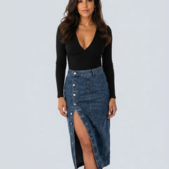 Women's Denim Skirt | Midi Length Button Front High Waist