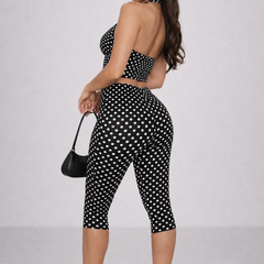 Women's Two Piece Set | Halter Neck Sleeveless Capri Polka Dot
