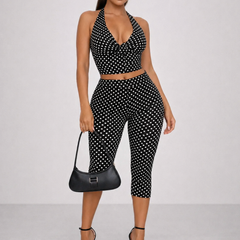 Women's Two Piece Set | Halter Neck Sleeveless Capri Polka Dot