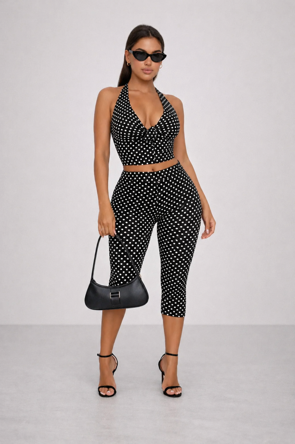 Women's Two Piece Set | Halter Neck Sleeveless Capri Polka Dot