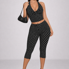 Women's Two Piece Set | Halter Neck Sleeveless Capri Polka Dot