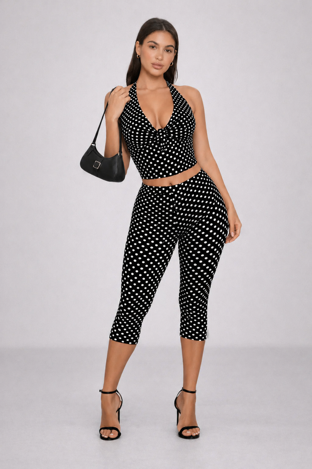Women's Two Piece Set | Halter Neck Sleeveless Capri Polka Dot