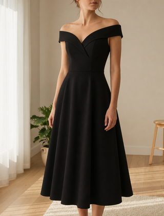 Poros Off-Shoulder Midi Dress in Black