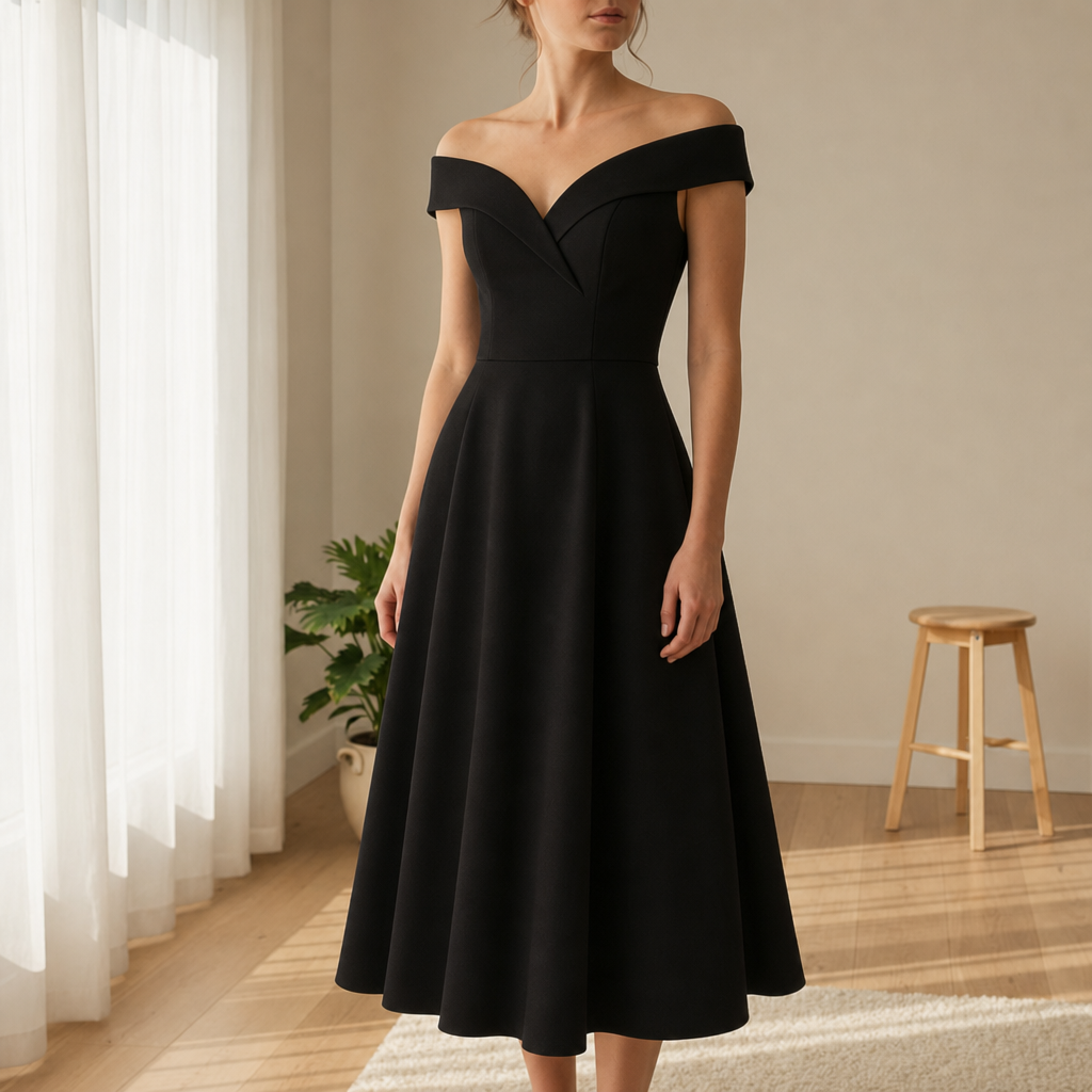 Poros Off-Shoulder Midi Dress in Black