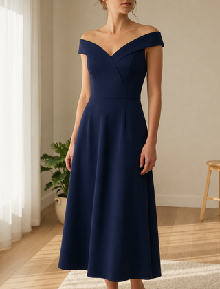 Poros Off-Shoulder Midi Dress in Dark Blue