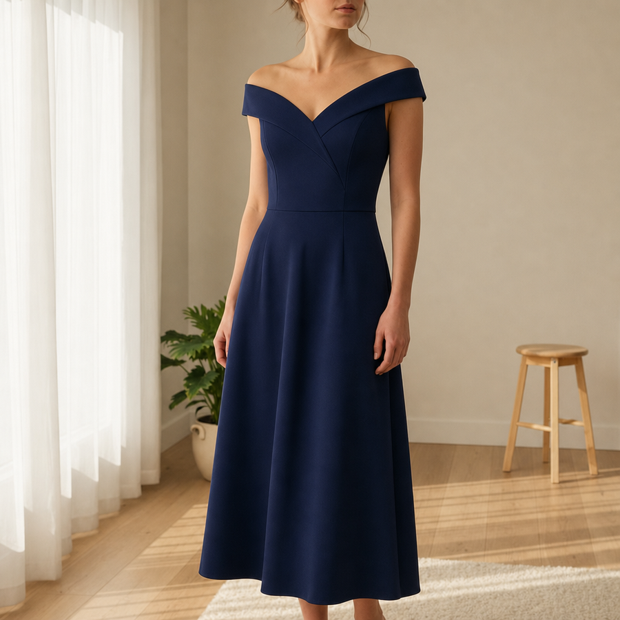 Poros Off-Shoulder Midi Dress in Dark Blue