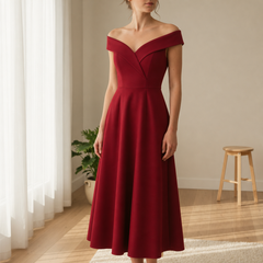 Poros Off-Shoulder Midi Dress in Red