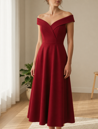 Poros Off-Shoulder Midi Dress in Red