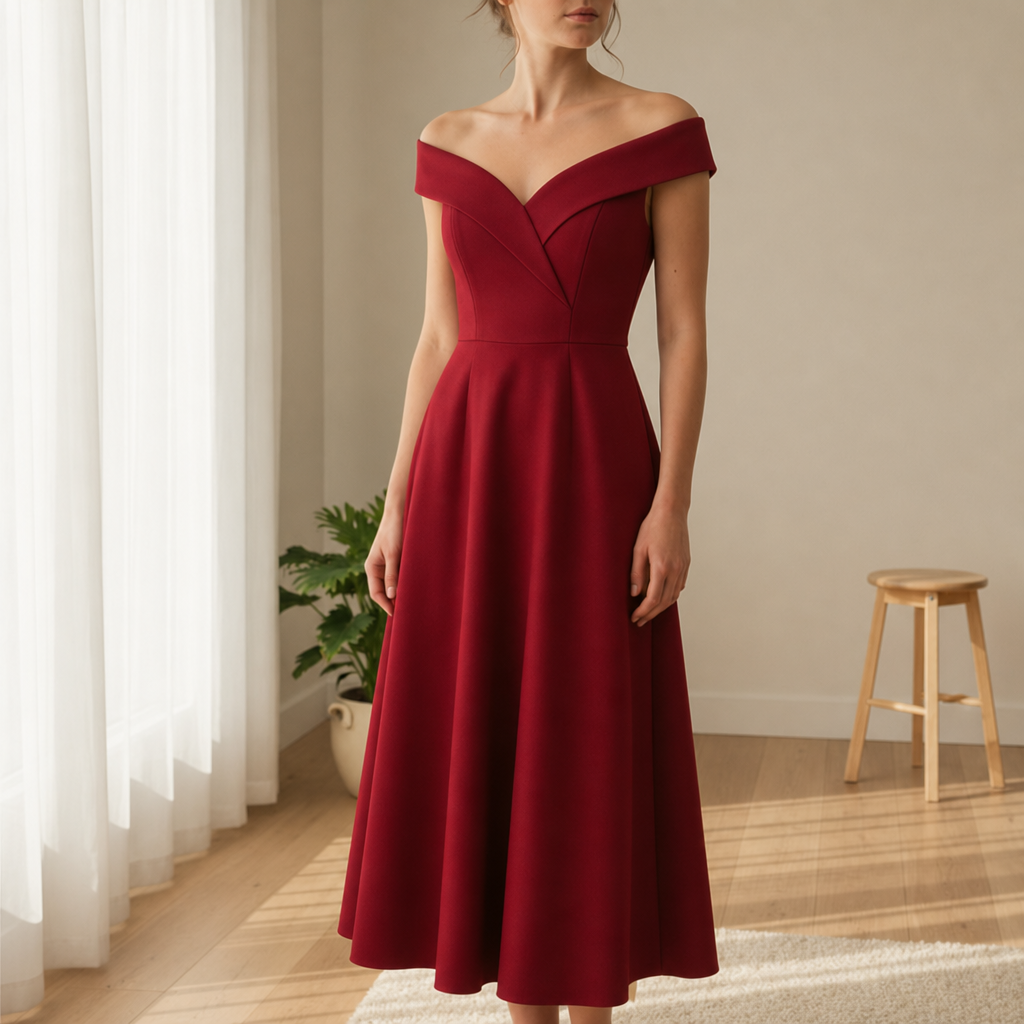 Poros Off-Shoulder Midi Dress in Red
