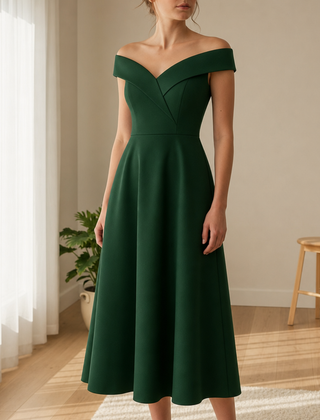 Poros Off-Shoulder Midi Dress in Green