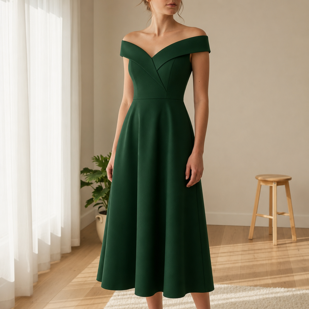Poros Off-Shoulder Midi Dress in Green