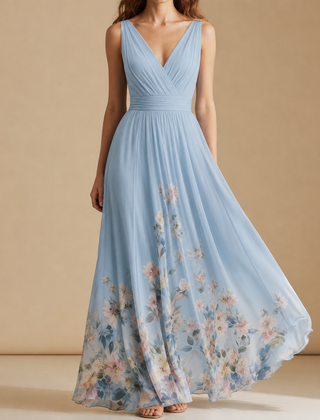 Porquerolles Floral Chiffon Maxi Dress in Light Blue