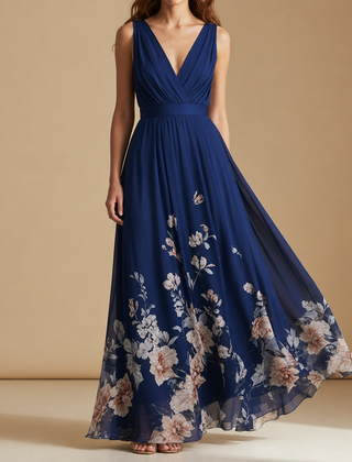 Porquerolles Floral Chiffon Maxi Dress in Navy