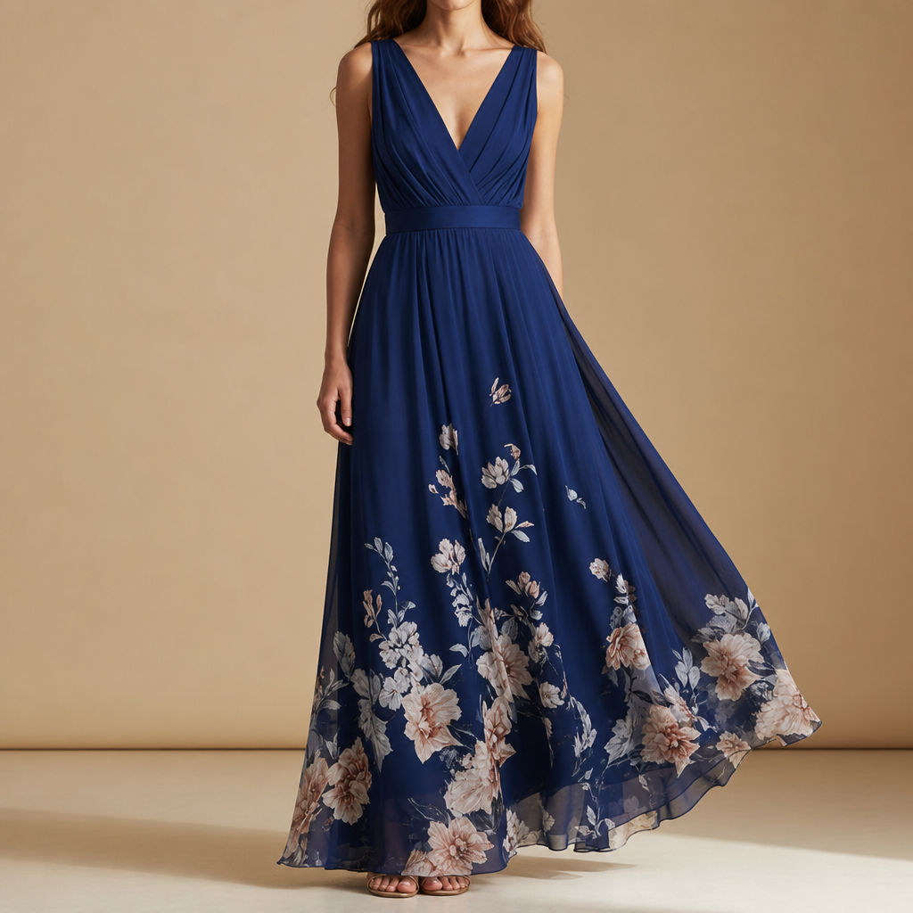 Porquerolles Floral Chiffon Maxi Dress in Navy