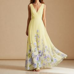 Porquerolles Floral Chiffon Maxi Dress in Yellow