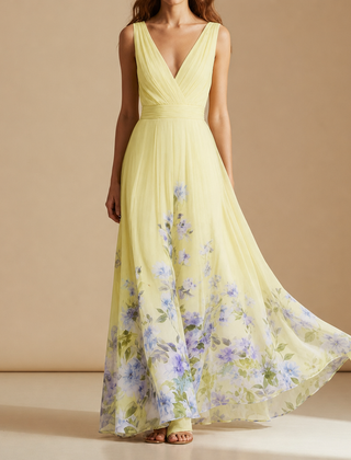 Porquerolles Floral Chiffon Maxi Dress in Yellow