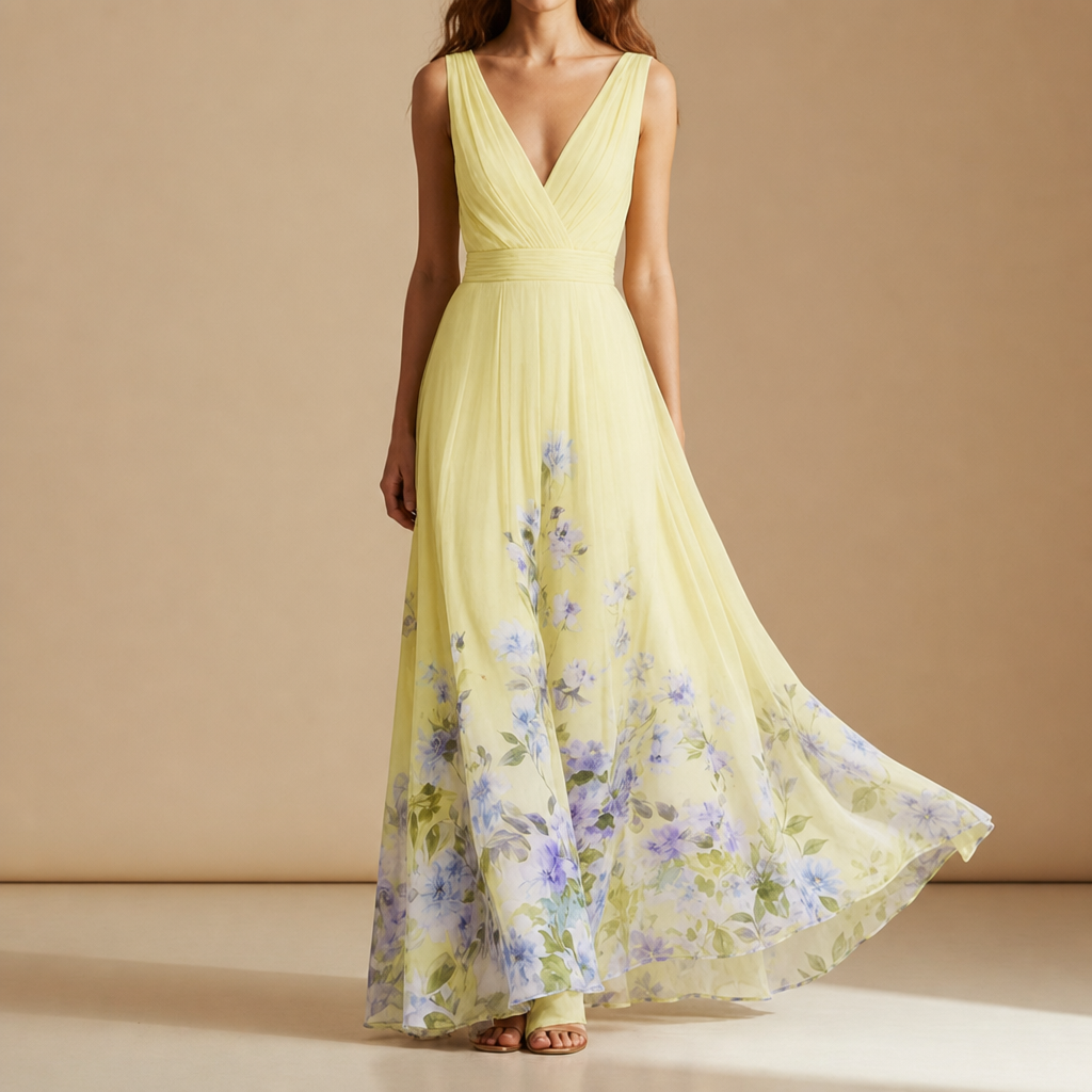 Porquerolles Floral Chiffon Maxi Dress in Yellow