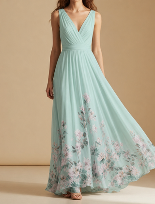 Porquerolles Floral Chiffon Maxi Dress in Light Green