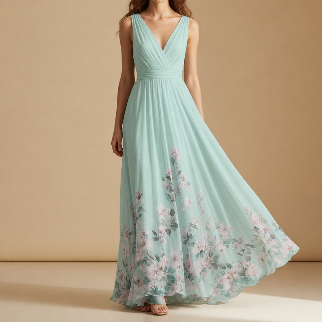 Porquerolles Floral Chiffon Maxi Dress in Light Green