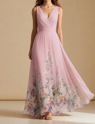 Porquerolles Floral Chiffon Maxi Dress in Pink
