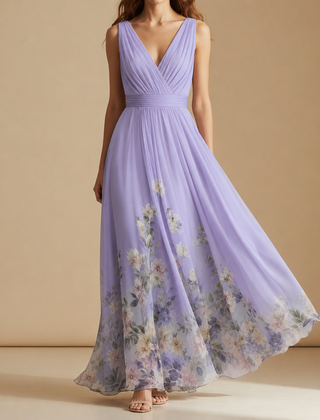 Porquerolles Floral Chiffon Maxi Dress in Purple