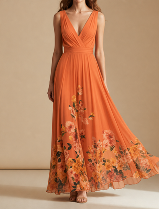 Porquerolles Floral Chiffon Maxi Dress in Orange