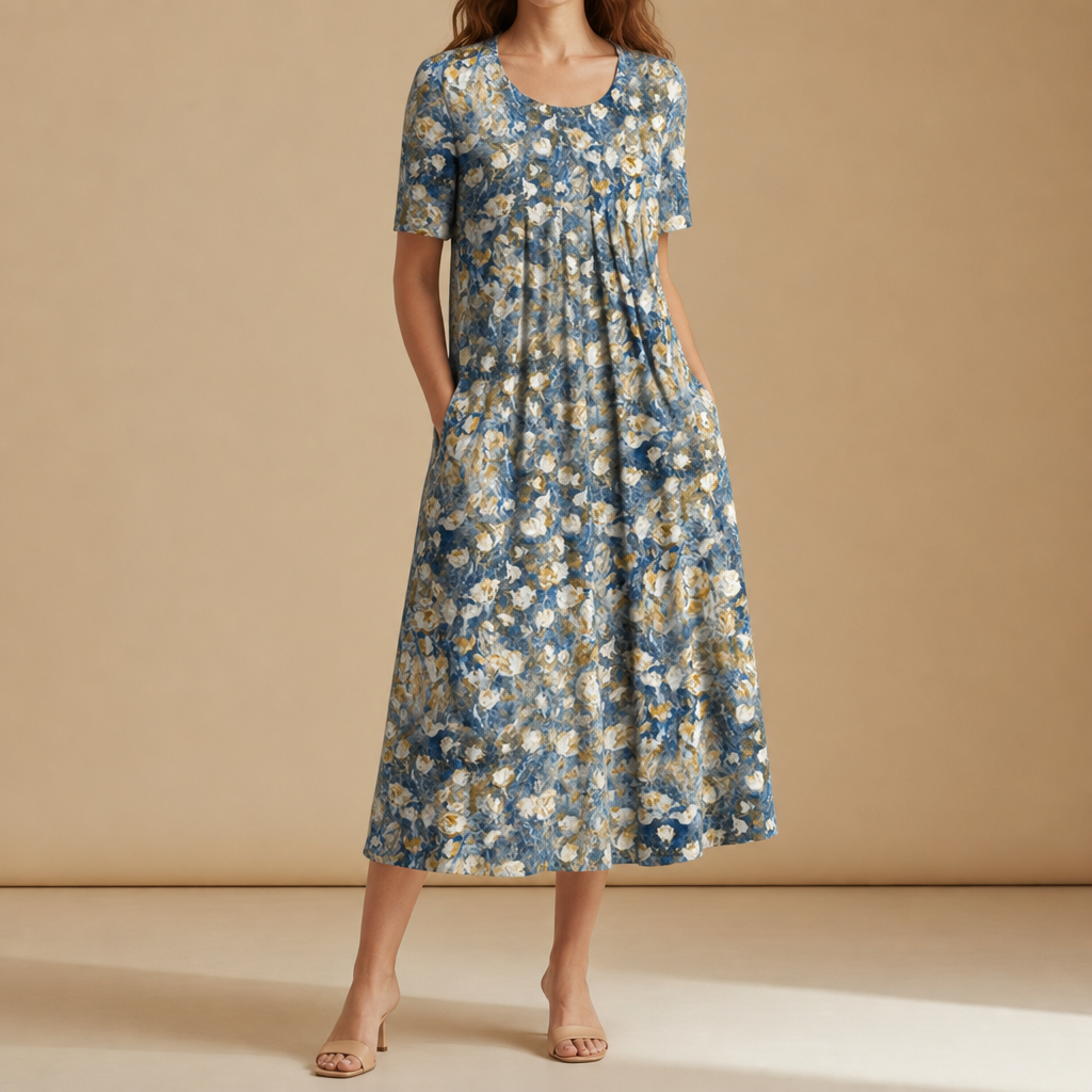 Porto Vecchio Floral Print Midi Dress in Light Blue