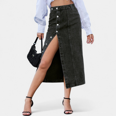 Women's Denim Skirt | Midi Length Button Front High Waist
