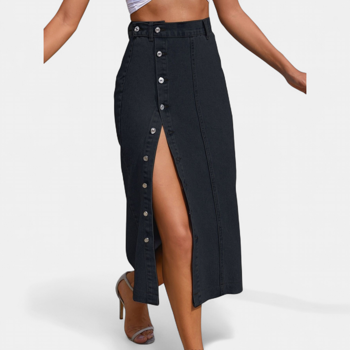 Women's Denim Skirt | Midi Length Button Front High Waist
