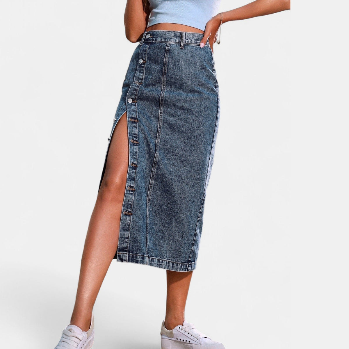Women's Denim Skirt | Midi Length Button Front High Waist