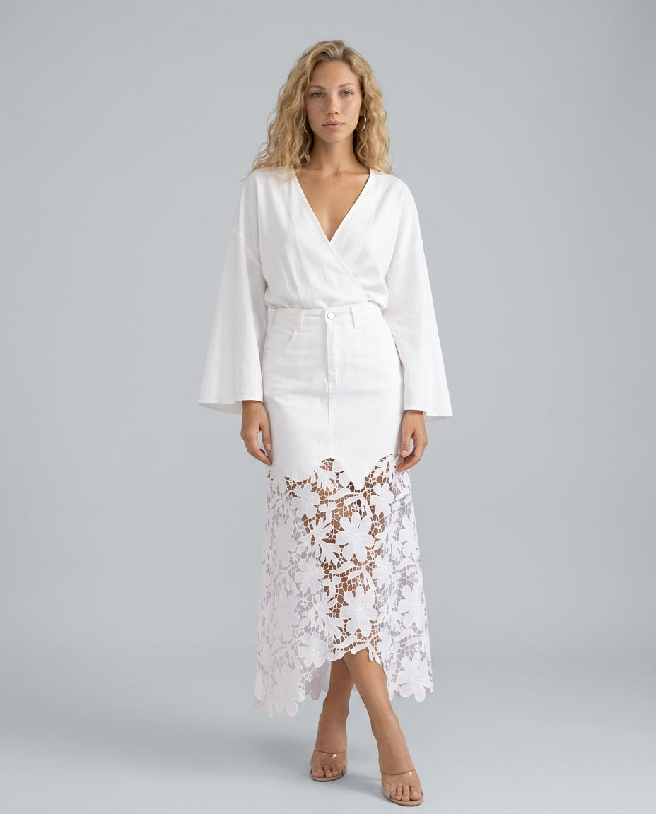 Women's Denim Skirt | Maxi Lace Panel Button Front Scalloped