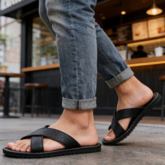 Men's Leather Sandals | Open Toe Cross Strap Flat Sole