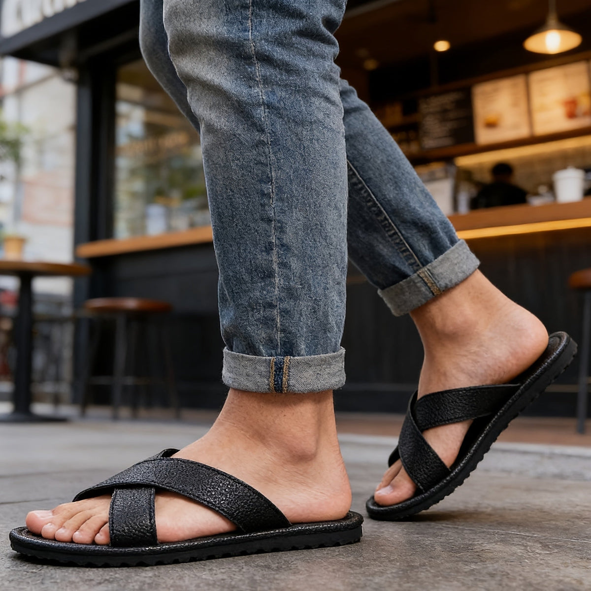Men's Leather Sandals | Open Toe Cross Strap Flat Sole