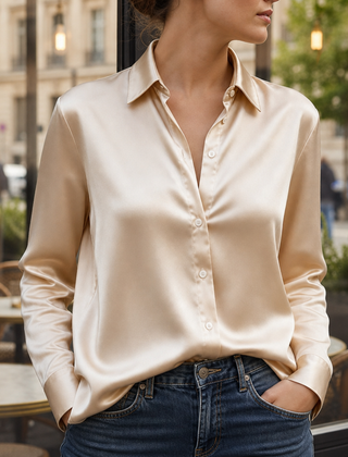 Sifnos Satin Button-Down Blouse in Beige