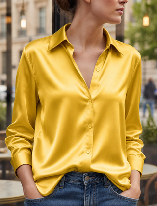 Sifnos Satin Button-Down Blouse in Yellow