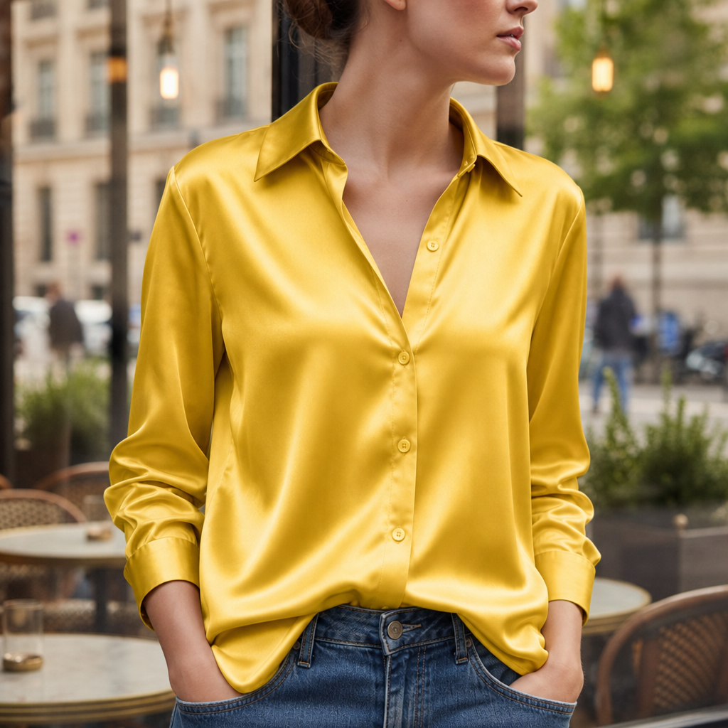 Sifnos Satin Button-Down Blouse in Yellow