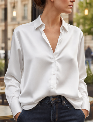 Sifnos Satin Button-Down Blouse in White