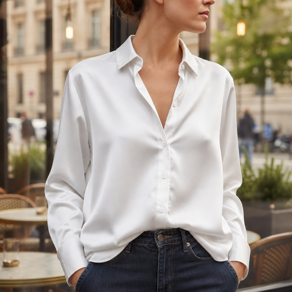 Sifnos Satin Button-Down Blouse in White