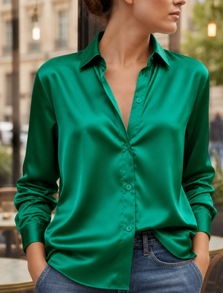 Sifnos Satin Button-Down Blouse in Green