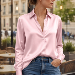 Sifnos Satin Button-Down Blouse in Pink