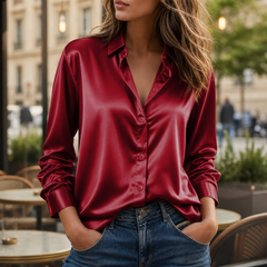Sifnos Satin Button-Down Blouse in Win