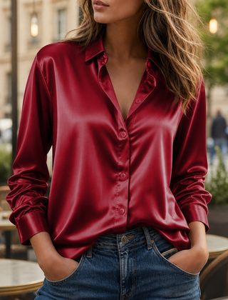 Sifnos Satin Button-Down Blouse in Win
